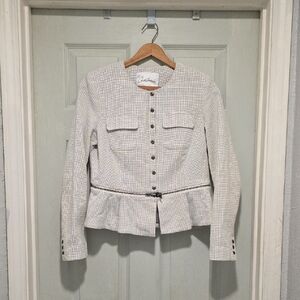 CAbi Zip Line Peplum Blazer Blazer White Black Grid Womens Sz 6 Snap Close